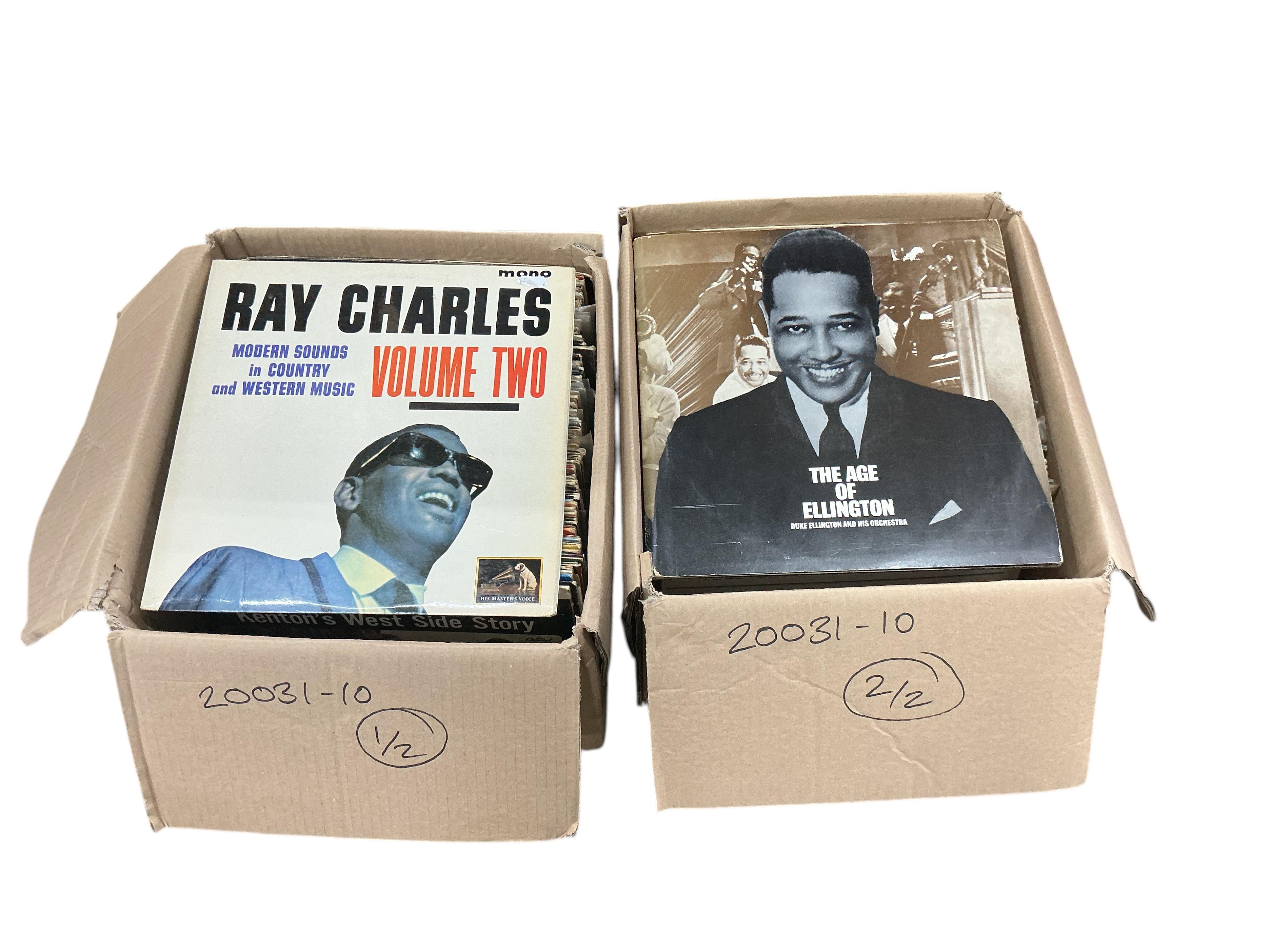 Two boxes of jazz LP record albums, artists including; Duke Ellington, Louis Armstrong, Dave Brubeck, The Modern Jazz Quartet, Stan Kenton, Ella Fitzgerald, Frank Sinatra, Benny Goodman, Ray Charles, Sarah Vaughan, etc.